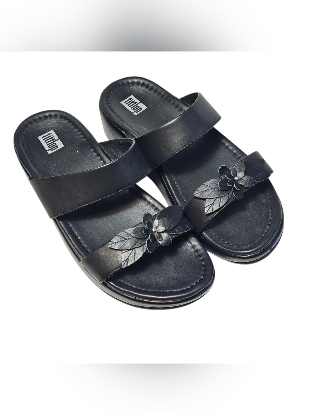 Fitflop Womens Fino Sandal Size 8 Black Leather Platform Slide Flower Strap Shoe